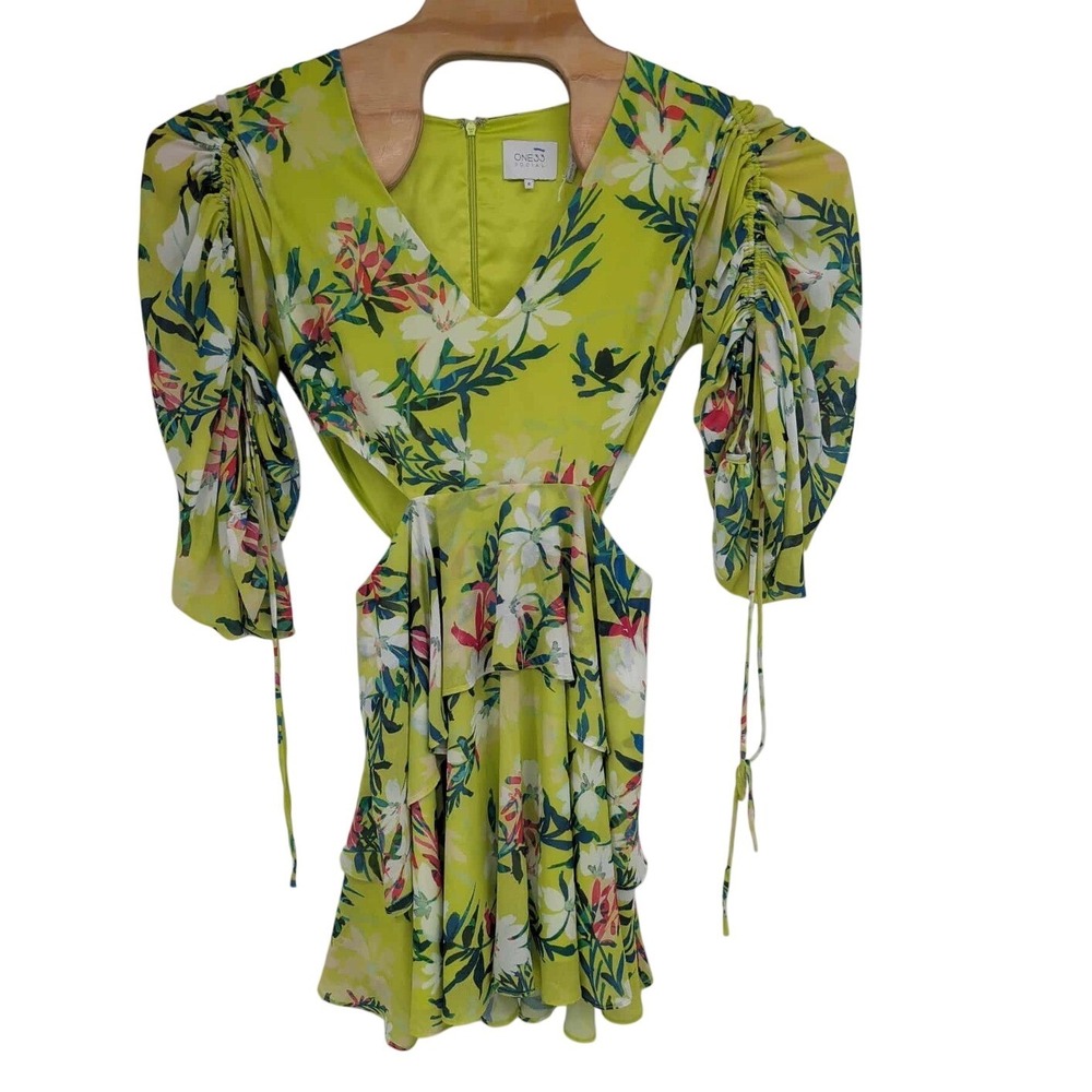 ONE33 Social Women's Floral Cutout Tie Waist Mini Dress Green‎ Multicolor Size 6